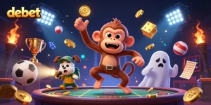 Engaging debet gameplay with poltergeist monkey juggling golden coins and sports balls in a lively casino.