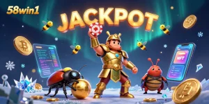 Experience big wins with 58win1 in this vibrant casino-themed illustration showcasing fun elements!