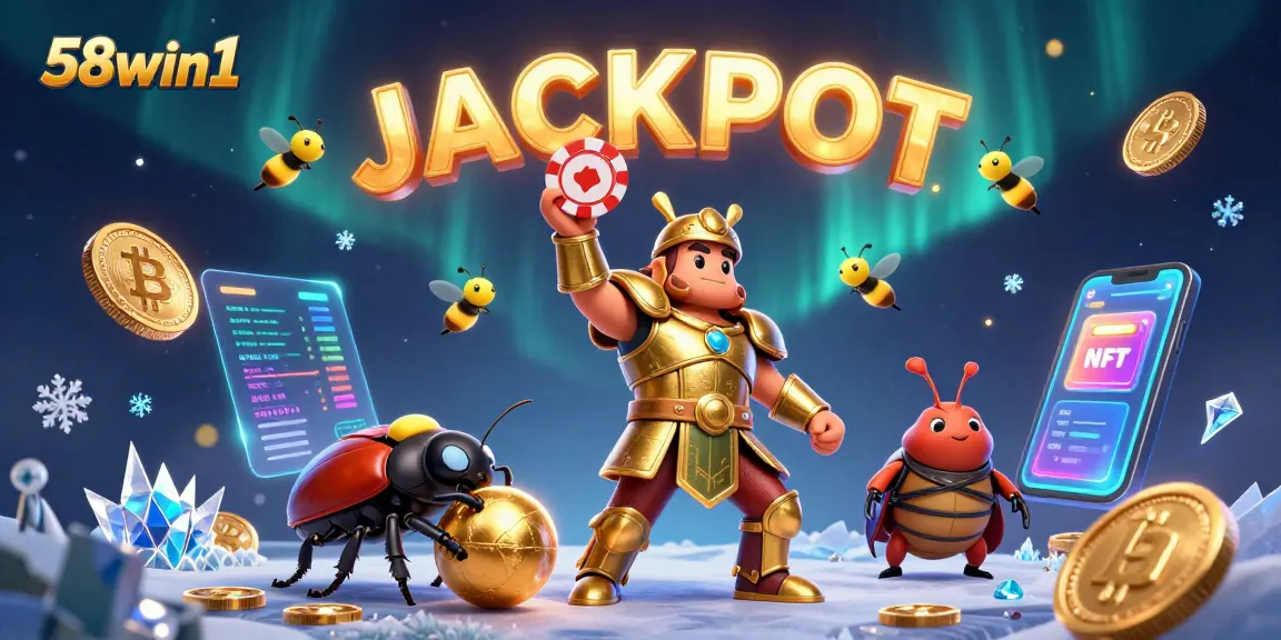 Experience big wins with 58win1 in this vibrant casino-themed illustration showcasing fun elements!