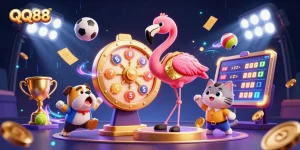 Experience the excitement of QQ88 with lively game show characters, vibrant casino elements, and dynamic sports action.