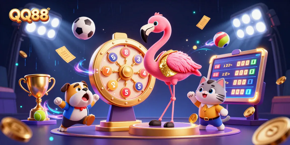 Experience the excitement of QQ88 with lively game show characters, vibrant casino elements, and dynamic sports action.
