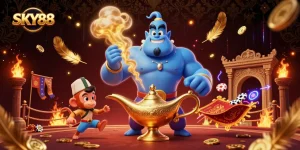 Place bets at SKY88 with an illustrated genie and a magic carpet in a vibrant casino setting.