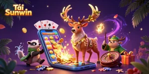 Tải Sunwin and experience thrilling spins with magical casino elements in vibrant 3D illustration