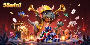 Engage with 58win1's exciting casino games featuring a dynamic scene of a triceratops building poker chips.