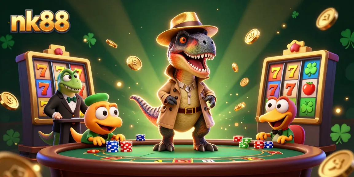 Win big at nk88 with a playful velociraptor card counter and friends in a dynamic casino setting featuring jackpots, slots, and gold coins.