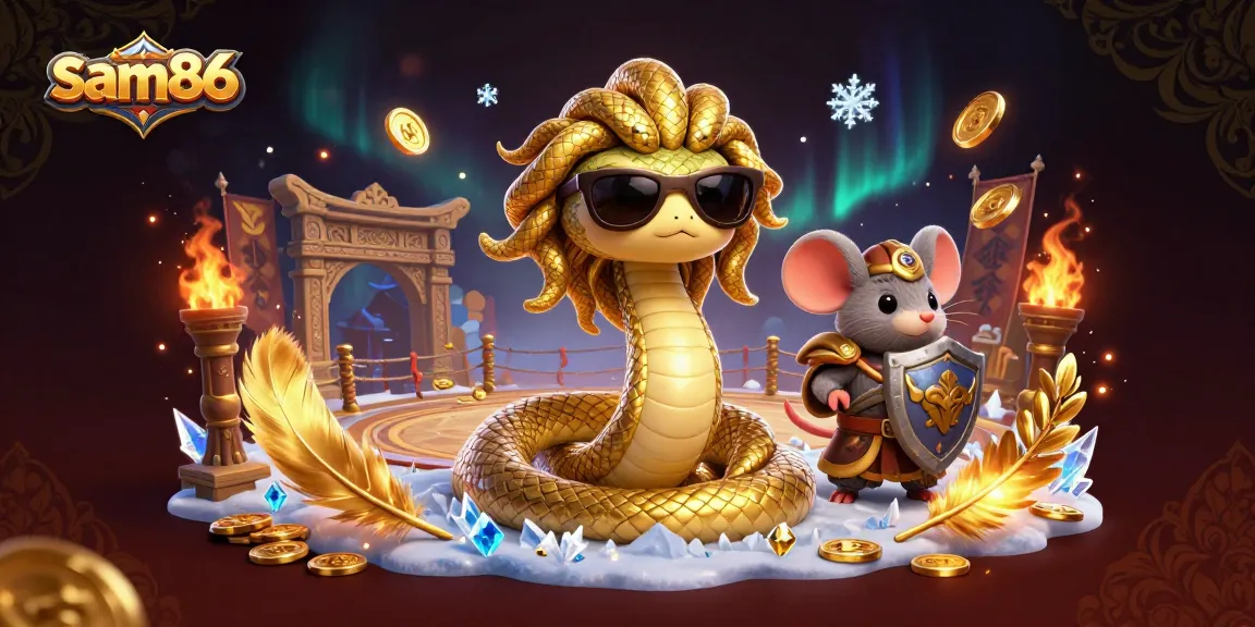 Engage with sam86, a captivating online gaming platform featuring friendly Medusa and a warrior mouse in a detailed casino world.