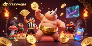 Crazy Vegas features a sumo champion beetle surrounded by crypto coins, delivering a powerful gambling experience.