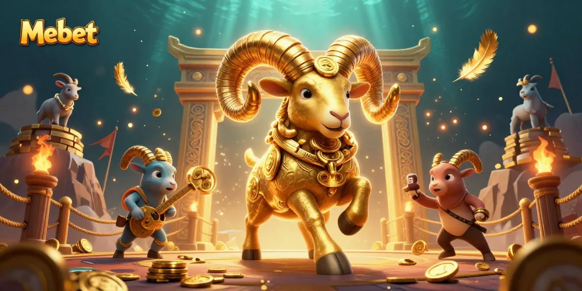 Mebet casino experience showcases dynamic golden ram charging through a vibrant gambling arena.