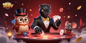 Engage in thrilling card games with the 188v platform, as depicted by a stylish panther, wise owl, and lucky mouse.