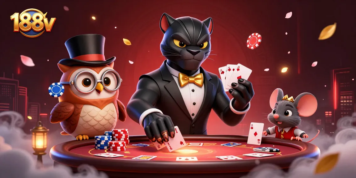Engage in thrilling card games with the 188v platform, as depicted by a stylish panther, wise owl, and lucky mouse.