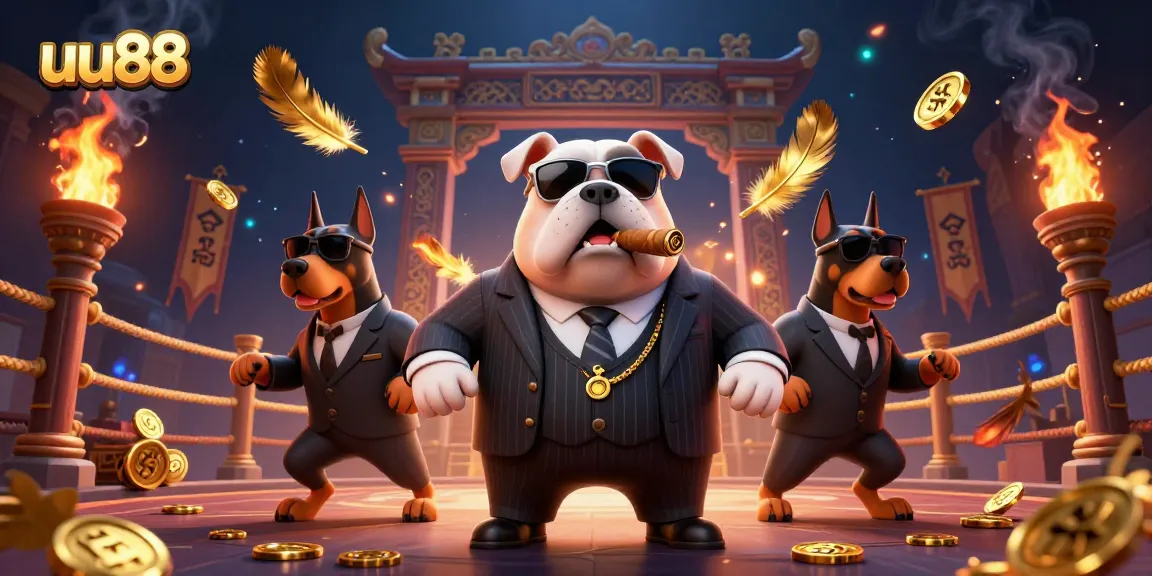Join the thrilling action of uu88 with a mafia boss bulldog and his Doberman bodyguards in a vibrant casino scene.