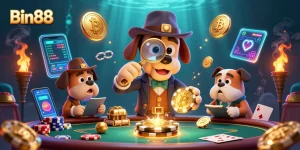 Win big with Bin88 as a cartoon detective uncovers poker treasures in a vibrant casino scene.