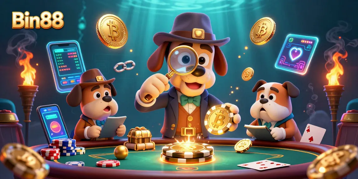 Win big with Bin88 as a cartoon detective uncovers poker treasures in a vibrant casino scene.