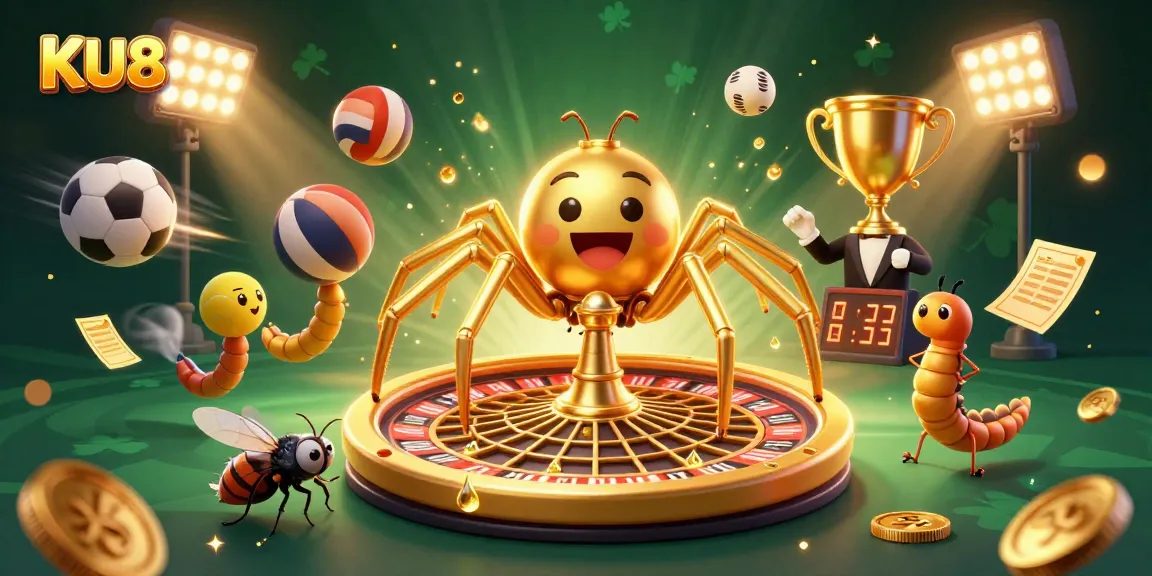 Place bets confidently on KU88 surrounded by a golden roulette web and dynamic sports elements.