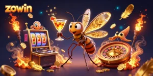 Zowin gamblers celebrate wins at a vibrant casino scene with animated characters and dynamic game elements.