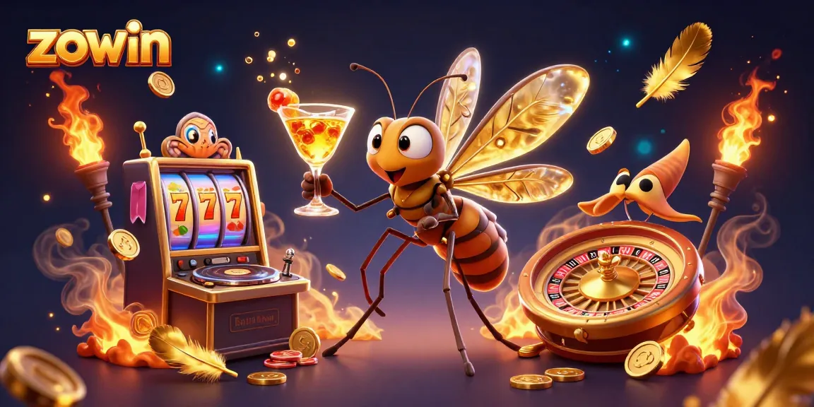 Zowin gamblers celebrate wins at a vibrant casino scene with animated characters and dynamic game elements.