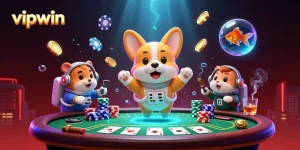Experience the excitement at vipwin with a playful astronaut corgi in a vibrant casino scene.