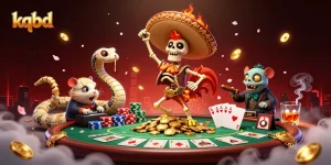KQBD features a lively dance of characters atop gold coins, showcasing thrilling casino elements.