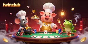 Join the excitement at iwinclub with a cartoon pig chef serving golden coins in a vibrant casino scene.