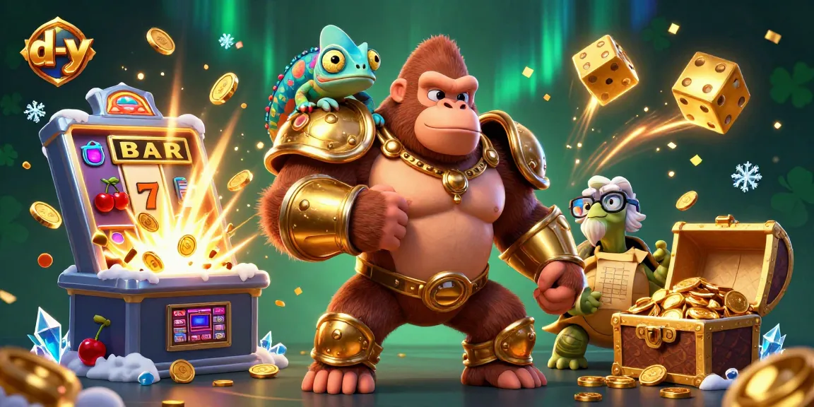 Engage with d-y’s vibrant casino world featuring a golden gorilla king, chameleon companion, and jackpot excitement.
