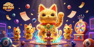 Engage with nhà cái uy tín featuring a vibrant lucky cat and dynamic casino symbols.