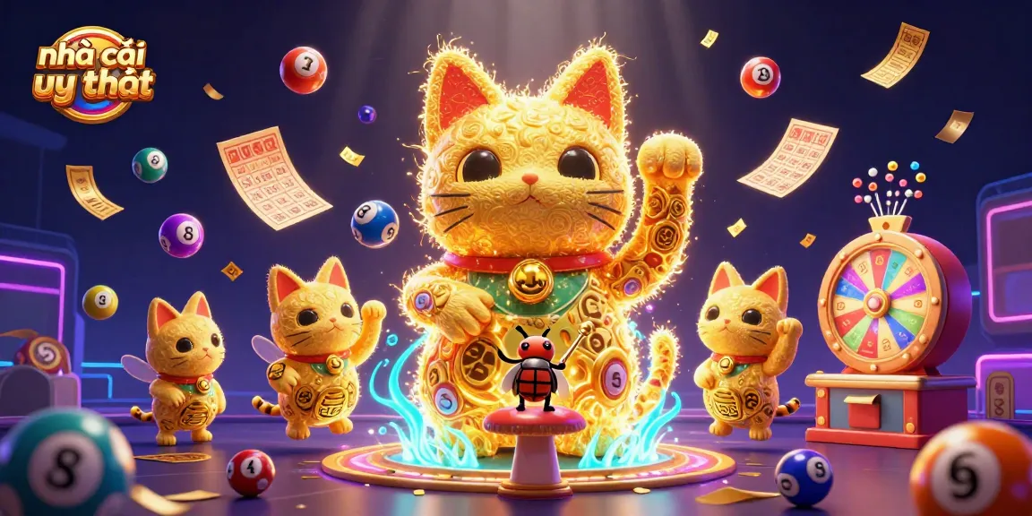 Engage with nhà cái uy tín featuring a vibrant lucky cat and dynamic casino symbols.