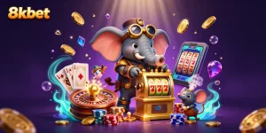Experience thrilling wins with 8xbet in this vibrant casino illustration featuring an elephant engineer and dynamic gaming elements.