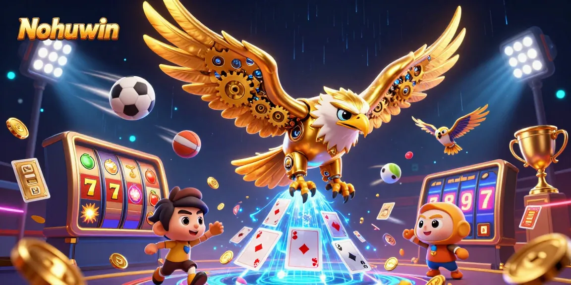 Nohuwin offers vibrant casino action with a golden eagle surrounded by slots and dynamic game elements.