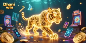 Dive into Dhani win with a neon tiger and digital slots in a vibrant casino landscape.