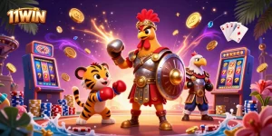 Experience thrilling action at 11WIN casino with a dynamic scene featuring iconic symbols and characters.