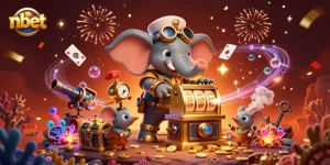 Experience the excitement of nbet with steampunk characters and slot machine action in this vibrant casino scene.