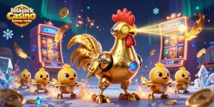 Engage with the excitement of lolajack casino bonus code in this vibrant, dynamic casino illustration featuring golden rooster robots.