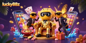 Engage with lucky88z's vibrant casino experience featuring a mob boss bee and gaming elements.