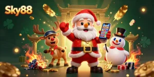 Experience thrilling payouts with Sky88's enchanting casino adventure featuring Santa, his reindeer, and a poker chip snowman.