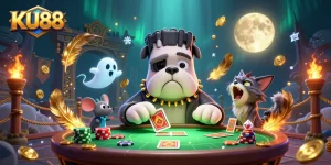 KU88 showcases a cartoon bulldog monster dealing cards at a haunted casino table under a full moon.
