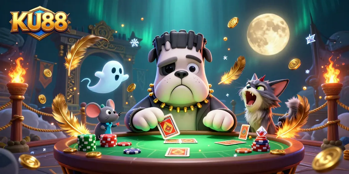 KU88 showcases a cartoon bulldog monster dealing cards at a haunted casino table under a full moon.