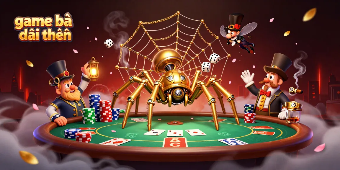 Engage in thrilling game bài đổi thưởng with dynamic poker scene featuring a steampunk spider and intricate web.