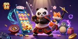 Experience thrilling gameplay with go 88 as a panda samurai battles with vibrant casino symbols.