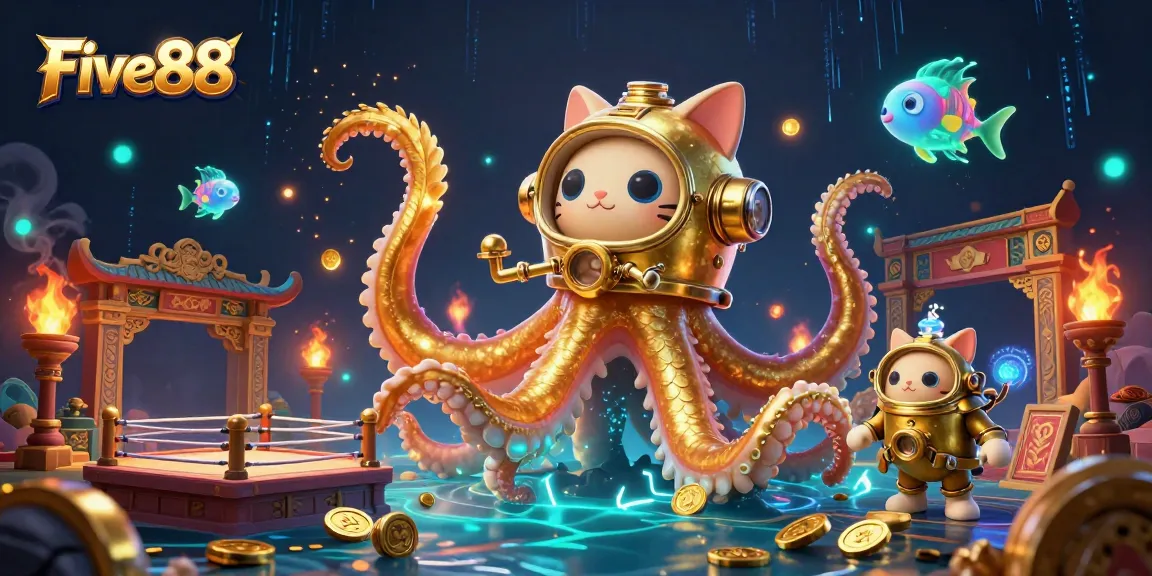 Experience Five88's thrilling casino atmosphere with a vibrant kraken and diving cat illustration.