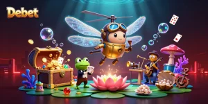 Debet casino scene with a dragonfly pilot, frog croupier, and vibrant underwater treasures.