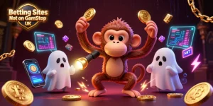 Engaging scene highlighting Betting Sites Not on GamStop UK with a playful poltergeist monkey and ghost-hunter puppy.