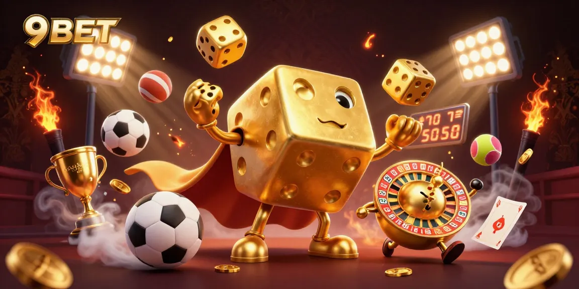 Engage with 9BET's thrilling gaming scene featuring golden dice and sports elements.