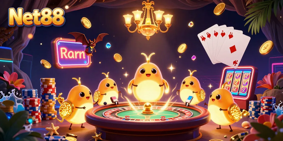 Experience the thrill of Net88's casino with vibrant characters and dazzling game elements.