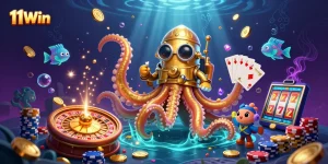 Win big with 11Win's vibrant casino-inspired illustration showcasing rich gaming elements.