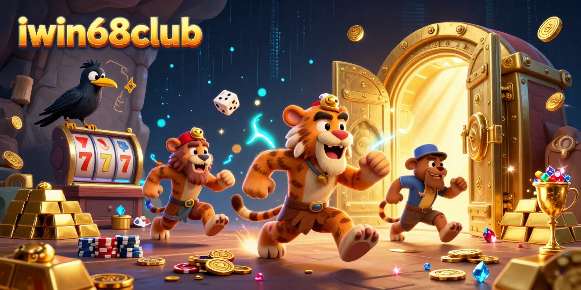 Experience the excitement of iwin68club with a dynamic prehistoric casino scene featuring characters and vibrant elements.