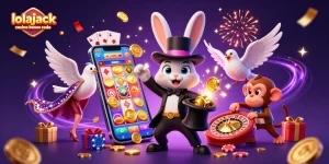 Win big with the lolajack casino bonus code featuring golden coins, slot games, and festive characters.
