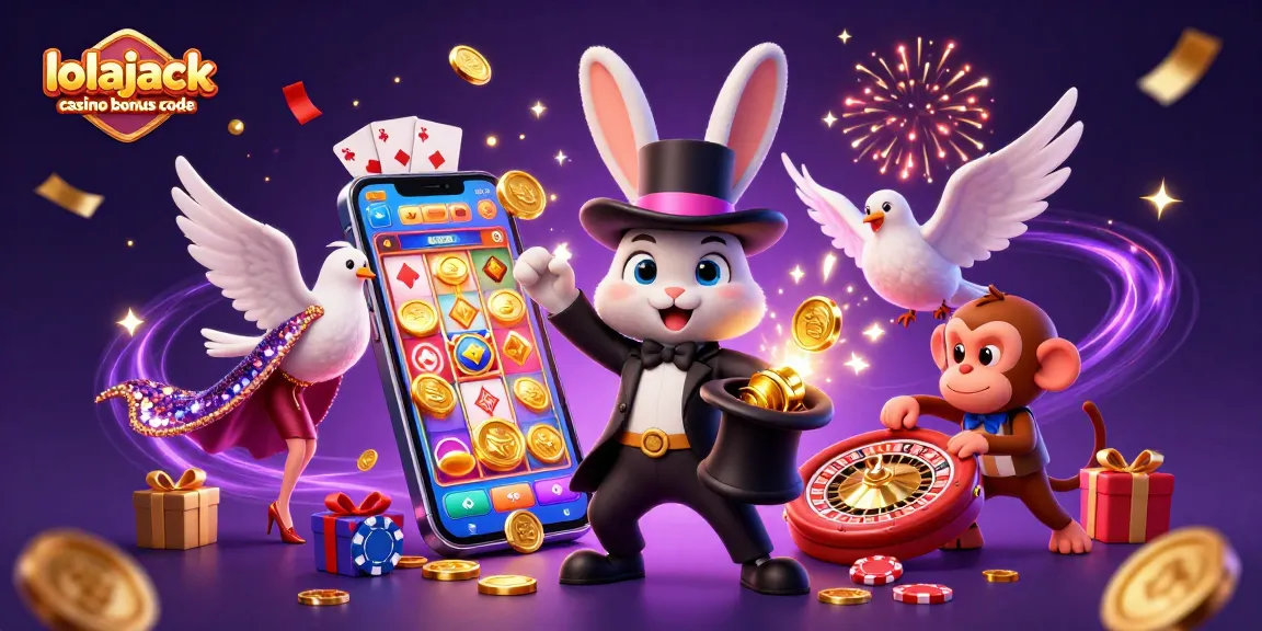 Win big with the lolajack casino bonus code featuring golden coins, slot games, and festive characters.