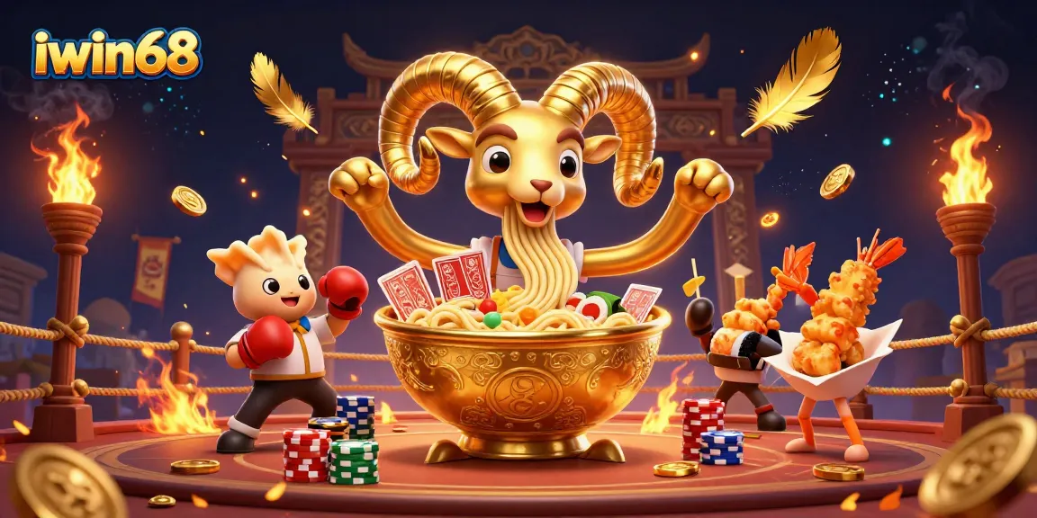 Experience iwin68 with dynamic card dealing from a golden ramen bowl surrounded by vibrant casino elements.