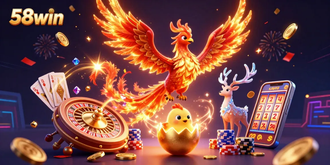 A vibrant illustration showcasing 58win with a phoenix and dynamic casino elements, celebrating winning moments.
