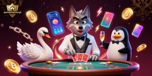 Experience excitement with gamebaidoithuong5 as a debonair wolf, elegant swan, and sophisticated penguin celebrate at a baccarat table.